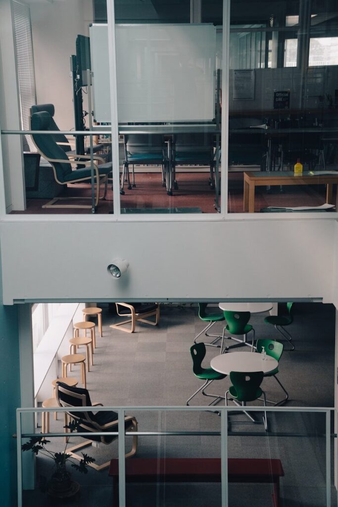a room with a table and chairs