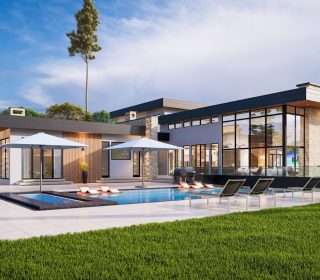 a modern house with a pool and lounge chairs